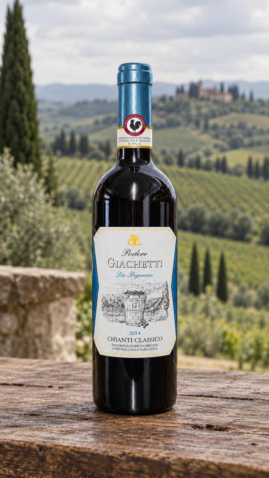 A bottle of La Bigoncia on a wooden table, vineyards behind