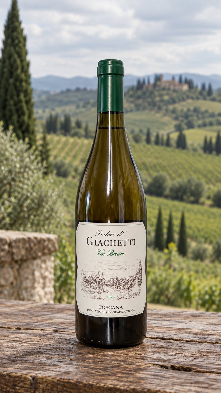 A bottle of Vin Brusco on a wooden table, vineyards behind